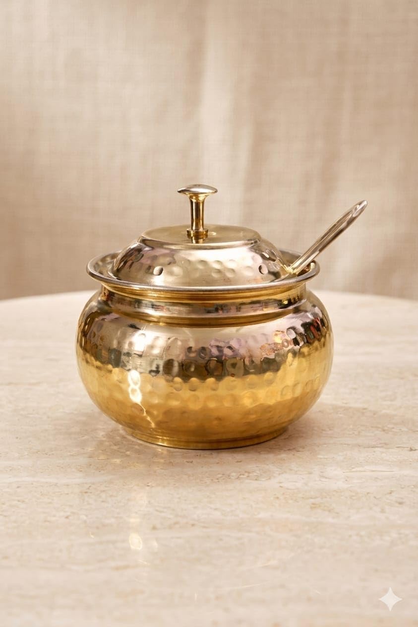 Brass Ghee Pot with Lid and Spoon, Hammered Finish, Traditional Storage-image-10