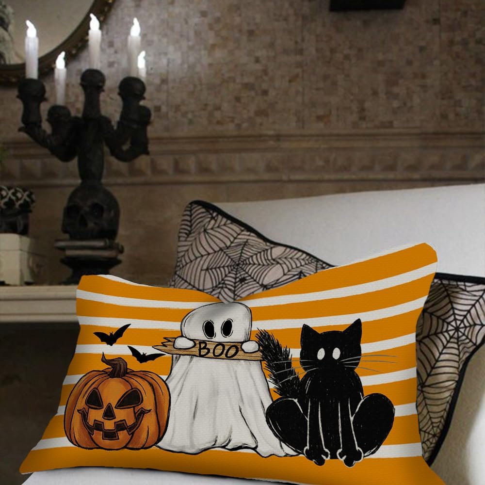 AACORS Halloween Pillow Cover 16x16 Inch - Ghost & Pumpkin Farmhouse Decor For Sofa