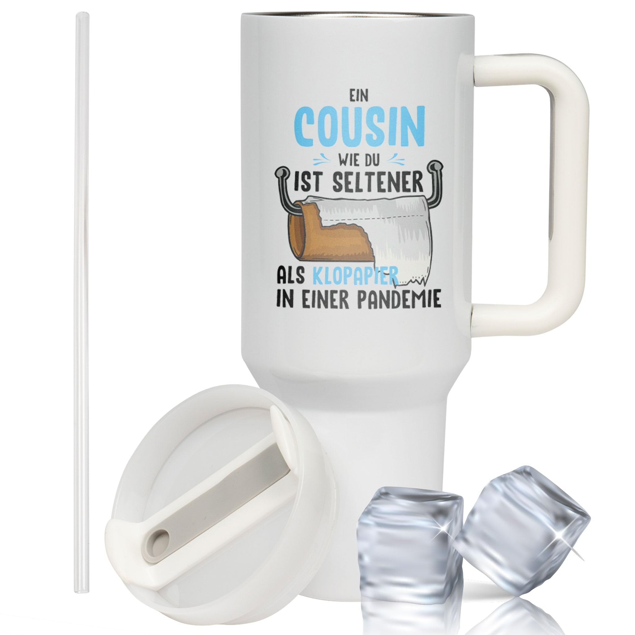 XXL Thermobecher für Cousin – Lustiges Geschenk zum Geburtstag & Weihnachten – Edelstahl Trinkflasche, Weiß mit Spruch Klopapier (WIEDERVERWENDBAR)