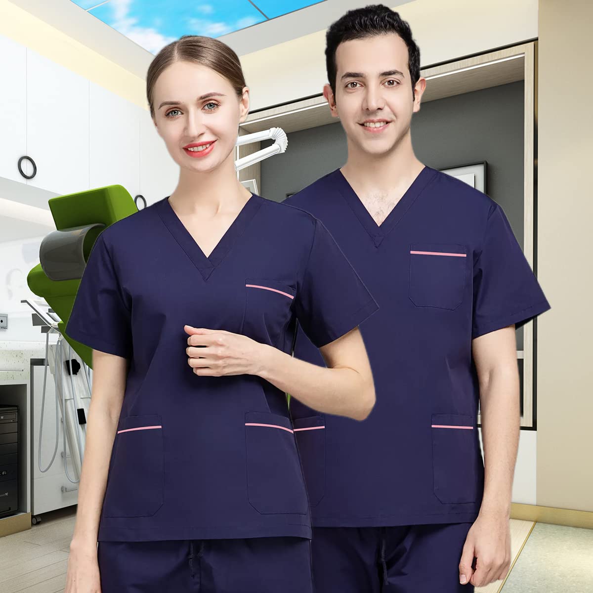 niaahinn universal hospital scrubs top for women & men Modern v-neck with 3 pockets breathable slim fit scrubs ?8colors? (Navy Blue,Small,Small)