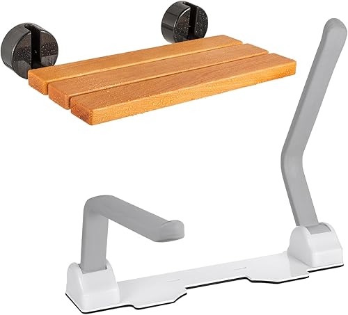 Dyna-Living Asiento de ducha plegable de madera de teca con soporte de carga de 400 libras montado en la pared y rieles de seguridad de inodoro de
