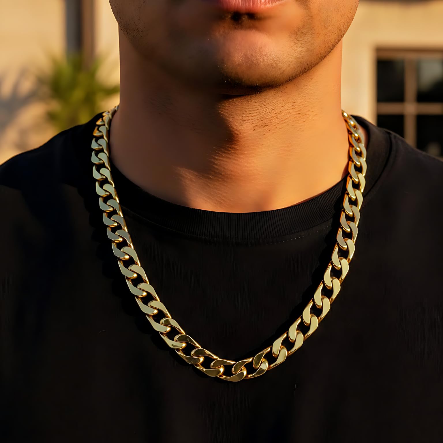 LIFETIME JEWELRY Collar de cadena de eslabones cubanos planos de 11,5 mm para hombres chapado en oro real de 24 quilates, 55,88 cm, Chapado en oro, Sin gemas.,