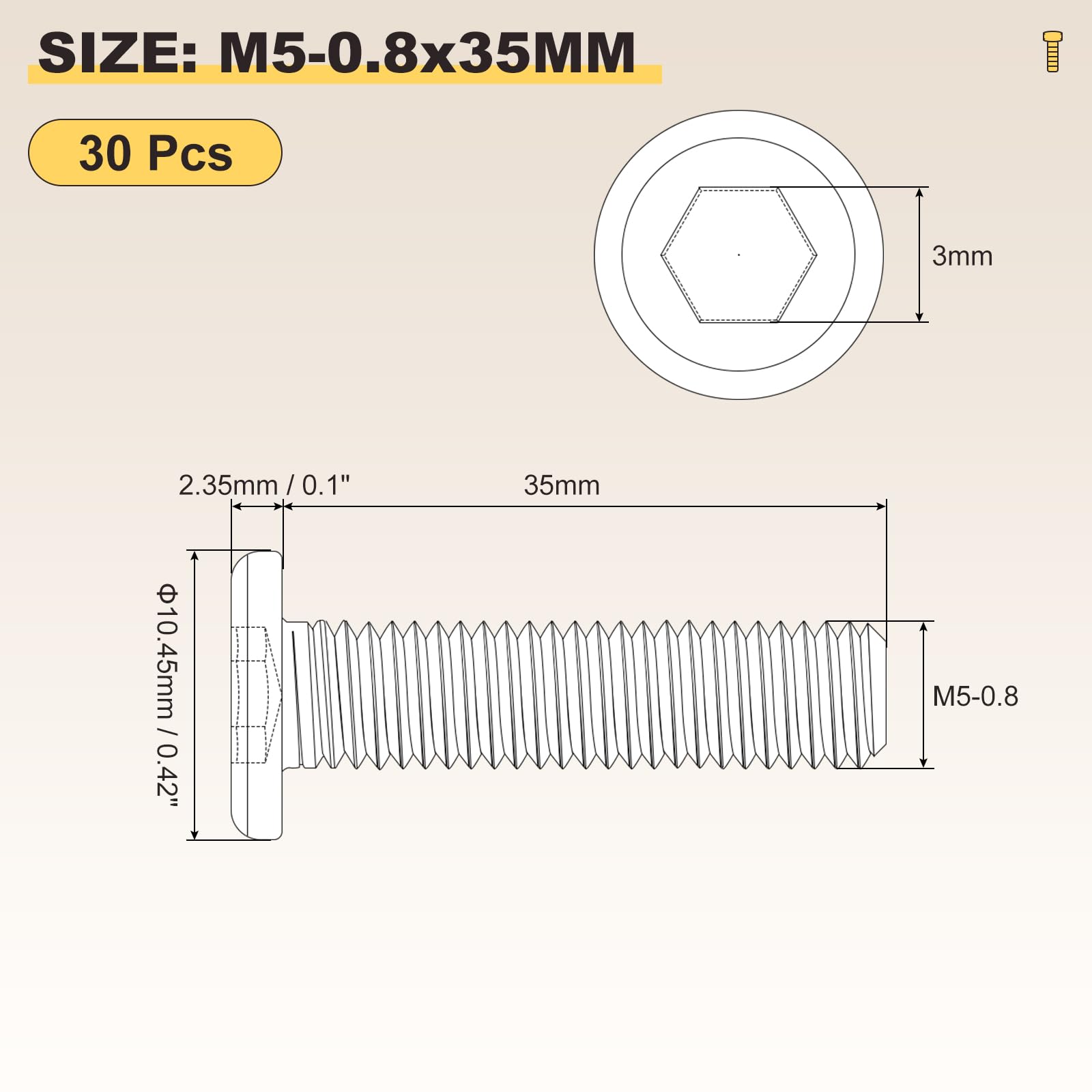 METALLIXITY Flat Head Hex Socket Cap Screws Bolts(M5-0.8x35) 30Pcs, 304 Stainless Steel Hex Socket Furniture Bolts Screws - Image 2
