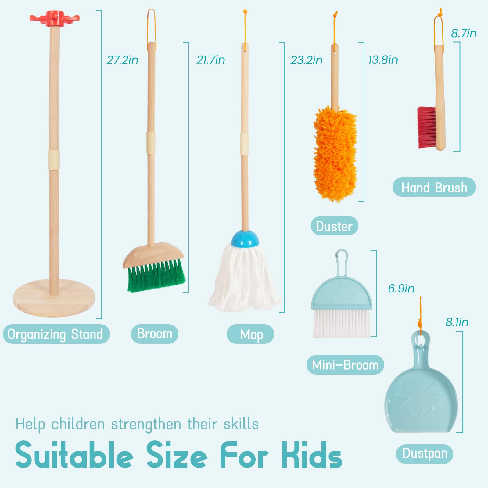 Kids Cleaning Set, Housekeeping Play Set Includes Broom Mop Duster Dustpan Brushes Rag and Organizing Stand, Cleaning Toys Gift for Toddlers Girls Boys Age 3-6, Solid Beech Wood (Blue)