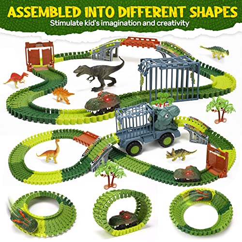 Cute Stone Dinosaur Toys Race Track, Flexible Track Playset With Dino Transport Truck, Electric Race Cars, Dinosaur Toy Train Set Tracks For Boys Toddlers #TOP4