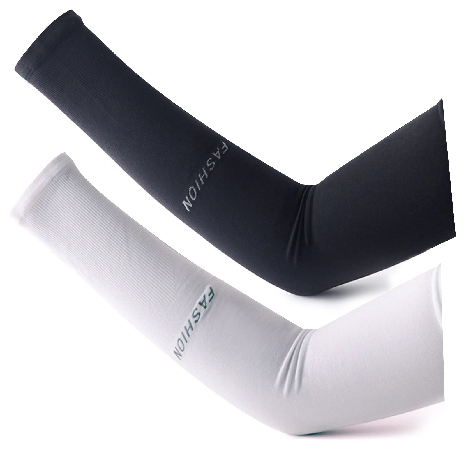 Lumisyne Unisex Black + White (Fingerless) 2 Pairs Uv Sun Protection Arm Sleeves Women Men Upf 50+ Stretchy Compression Sleeves Long Elbow Armwarmers Cooling Arm Sleeves For Summer Sports Running Cycling Basketball Tattoo Cover Up