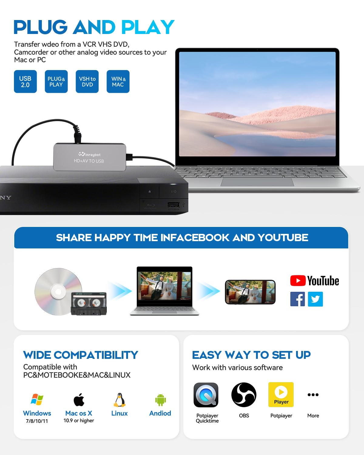 Adaptador de captura de video USB, convertidor VHS a digital, tarjeta de captura de video para VHS, RCA, HI9, HDMI para transmisión de video, conversión VHS/DVD a formato digital, entrada RCA/S-Video