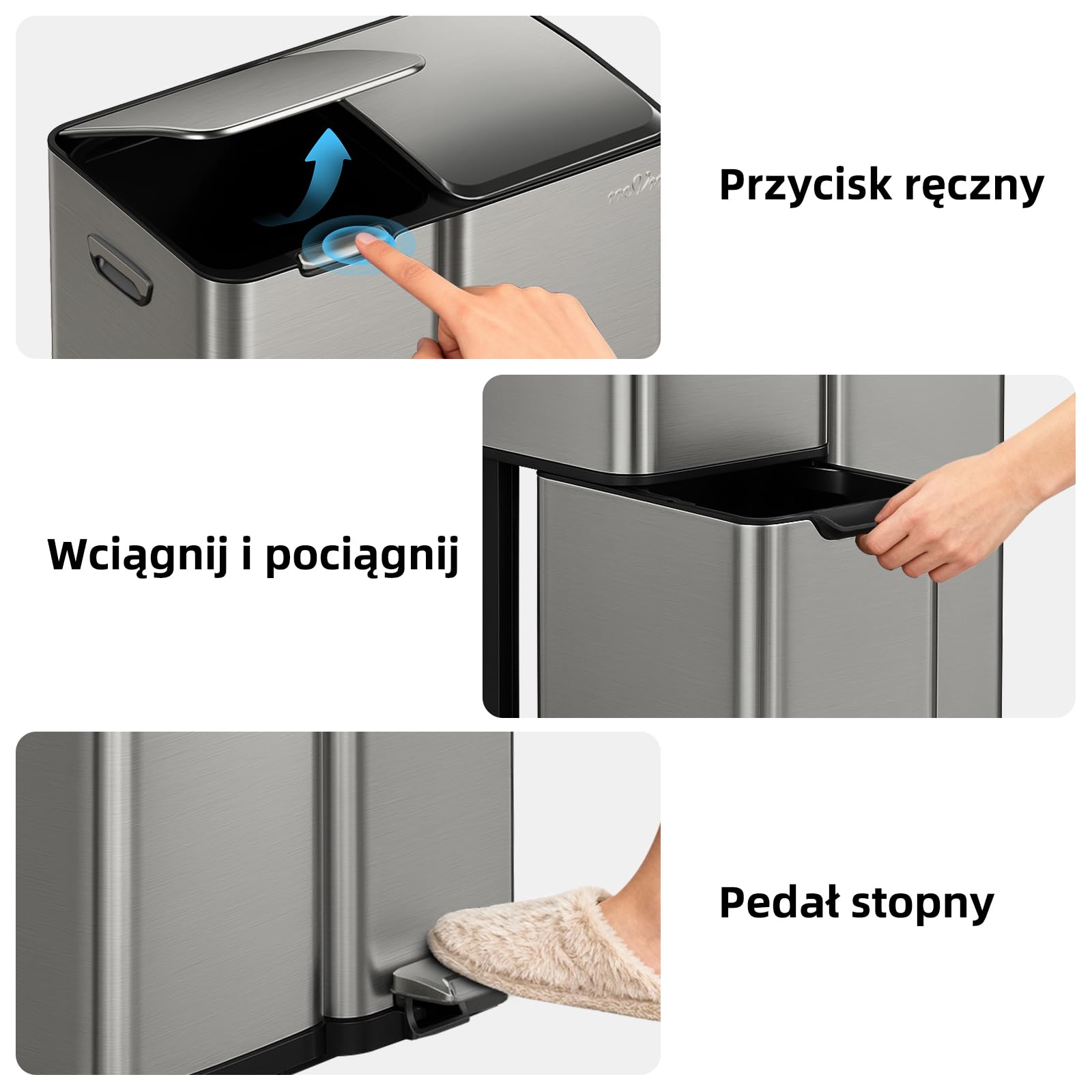 mVm Kosz na Śmieci do Segregacji Odpadów 60L 3 Komory, Stal Nierdzewna, Duża Pojemność, Kosz Kuchenny z Pokrywą Soft Close, Nowoczesny Pojemnik do Recyklingu