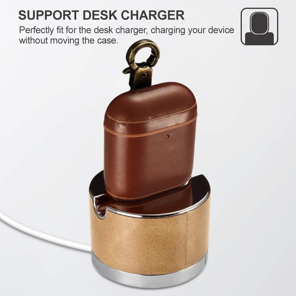AirPods Leather Case, ICARER Genuine Leather AirPod case with Keychain and Led Light for Apple AirPods 2 Case & Airpods 1, Support Wireless Charging(Brown)