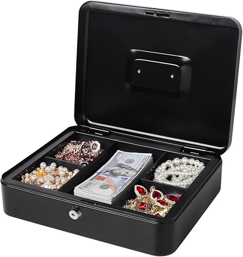 Miniatura 6 de Caja de dinero grande con bandeja de dinero y cerradura, caja de dinero de metal para efectivo, caja de seguridad de 11.8 x 9.5 x 3.54 pulgadas,