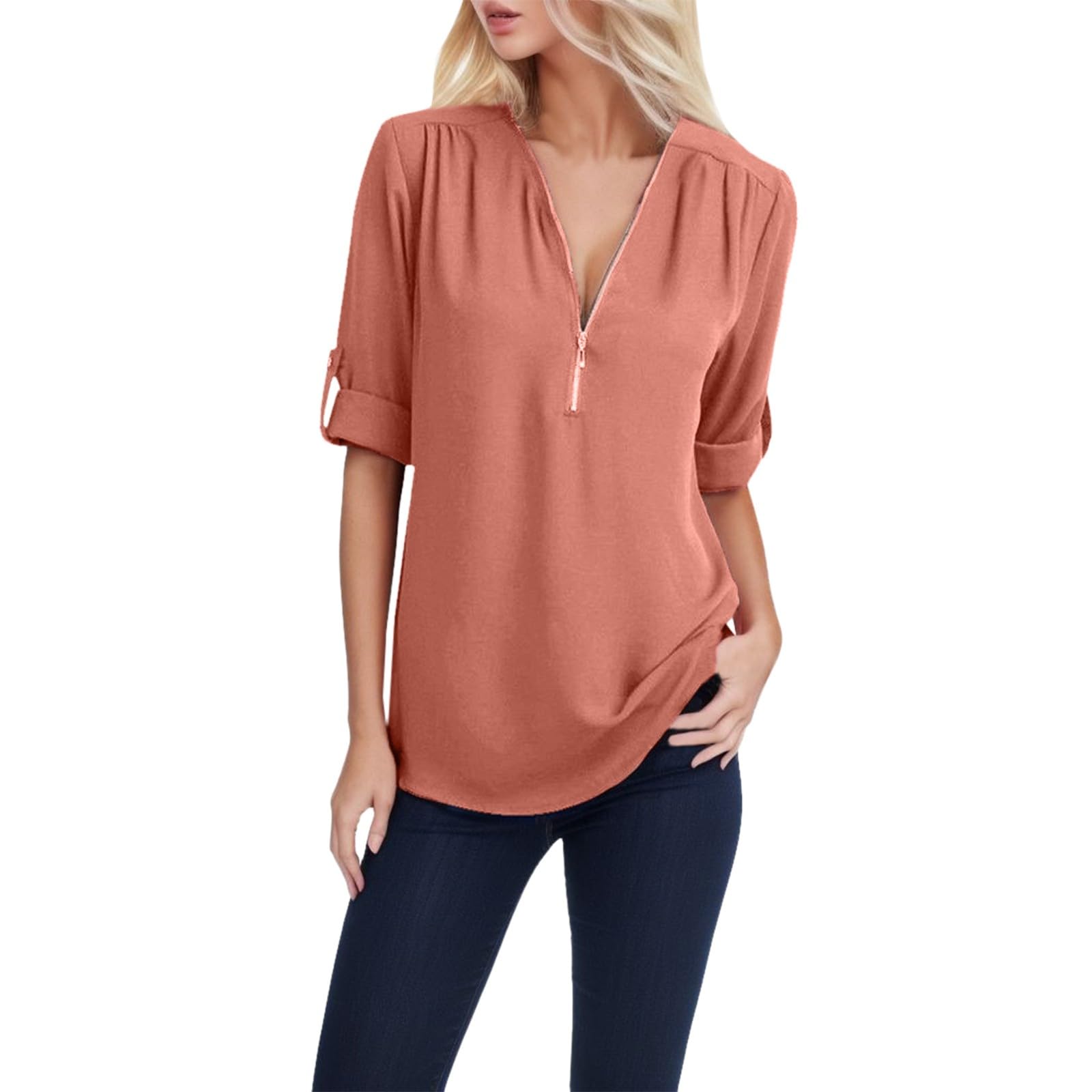 GenericButton Women Ladies Clothing Loose Shirt Chiffon Zipper Long Sleeves Plus Size Tops M Business Ladies Summer Tops