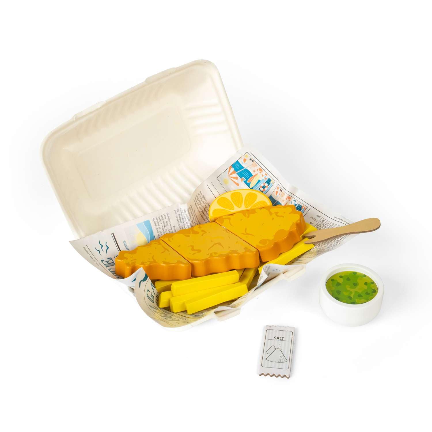 Bigjigs Toys Fish & Chips - 26pc Wooden Cutting Food Set with Interactive Newspaper, Cooking & Kitchen Sets For Children, Toddler Pretend Play Accessories, Children’s Gifts, Age 12 Months +