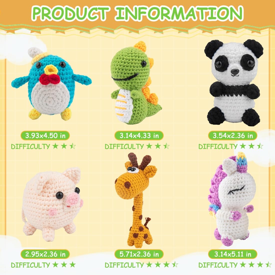 Kit de ganchillo de 6 piezas para principiantes, kits de animales de ganchillo, kit de tejer para niños y adultos con tutoriales de videos paso a paso, kit de tejer para niños, gran regalo de
