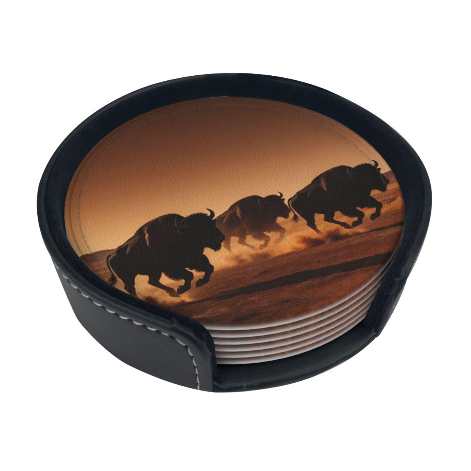 Cntdbu White Running Buffalo Herd Leather Coasters Set Of 6-Pu Leather Drink Mats For Table, Heat Resistant Round Coasters With Holder