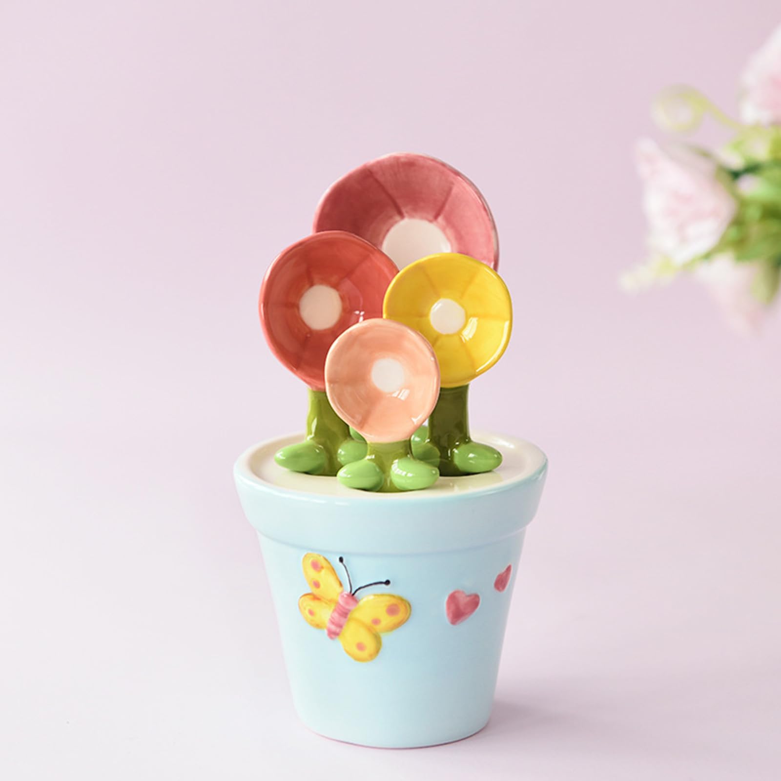 Cucchiaio dosatore in ceramica con manico ergonomico con vaso da fiori a forma di supporto per sali, zucchero misurato, utensili di misurazione sicuri in forno