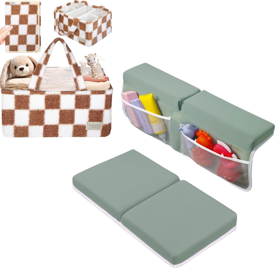 Bath Kneeler Elbow Rest Pad Set Green and Checkered Diaper Caddy Taupe White Bundle