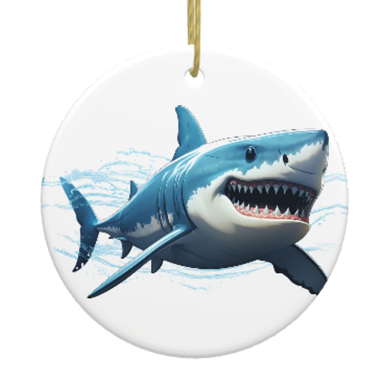 Ceramic Christmas Tree Hanging Ornaments with Gold Ropes Christmas Tree Decorations Round Ceramic Blue Shark Pendant Keepsake Decorations for Holiday Xmas Gift Ideas
