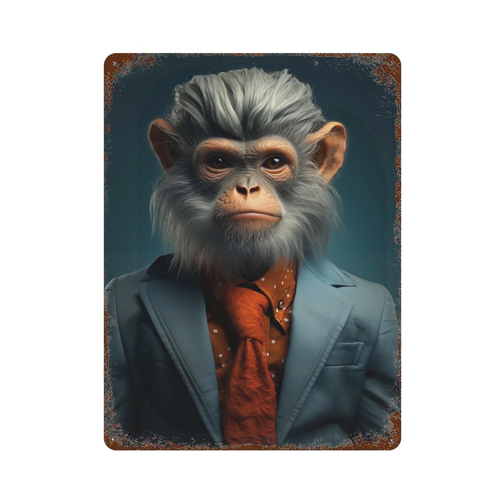 Rust Effect Monkey in Suit Animal Art Rusty Metal Tin Sign 15.7"x11.8", Old School Wall Decor for Pub, Kitchen And Man Cave Decor