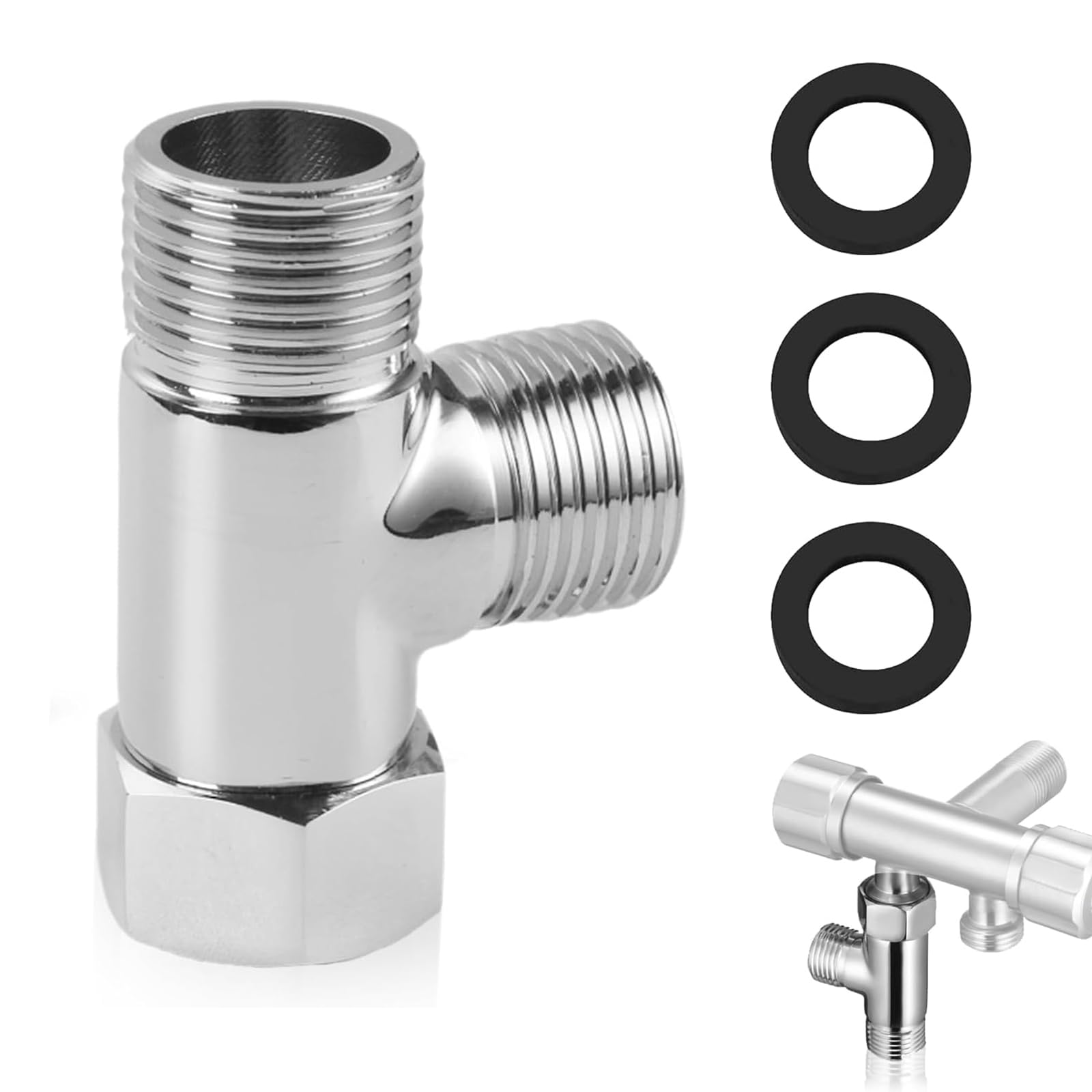 SANTUO 3 Way T Shape Adapter G1/2" Brass Shower Diverter Valve Rust-Resistant Construction with 3 Washers, Perfect Splitter for Installing Handheld Bidet Sprayers and Shower Accessories