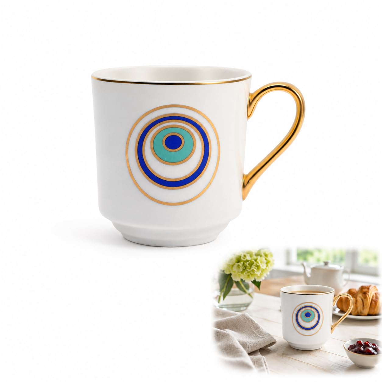 Gleavi Ceramic Coffee Mug: White Evil Eye Tea Cup with Gold Handle