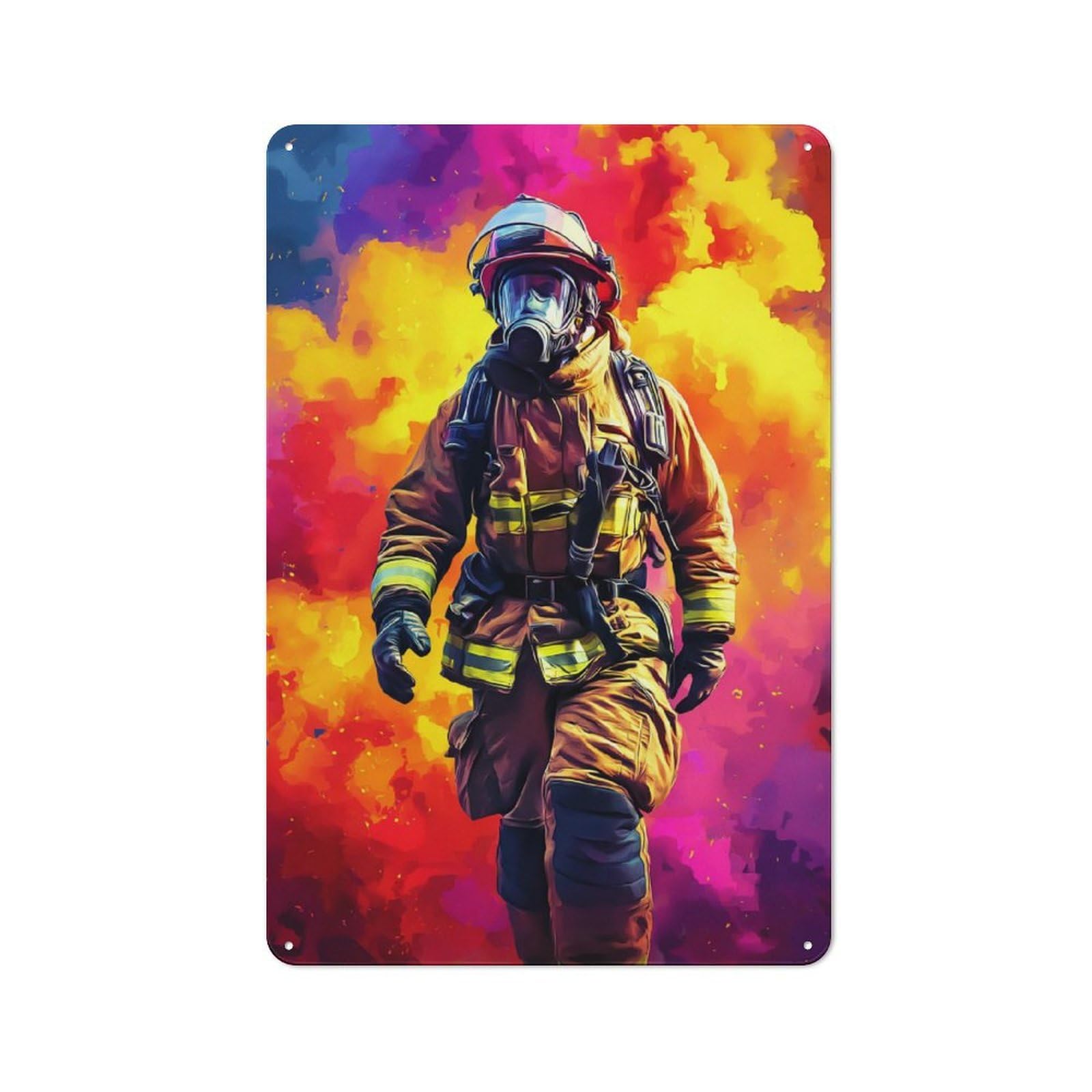 Junmoney Firefighter In Action -1 Tin Wall Plaque 30X20cm With For Garage Or Workshop, For Living Room, Hallway And Entrance Wall Decor