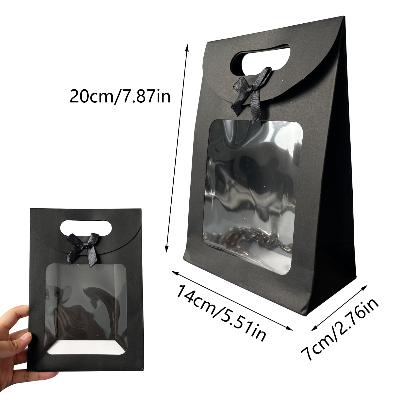 Fayemint 12 Pezzi Sacchetto Regalo con Finestra, 20 x 14 x 7 cm, Sacchetti di Carta con Manici, Borsa Kraft Nero, per L'imballaggio Regali di Banchetto, Biscotti e Caramelle (Nero
