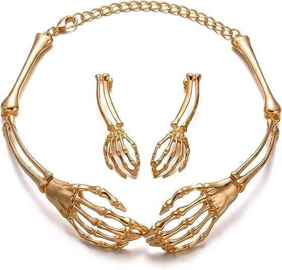 Gothic Skeleton Necklace Earrings Set for Women Halloween Skeleton Hand Skull Choker Earrings Set Punk Vintage Black Skeleton Statement Jewelry Halloween Goth Costume Party Accessories
