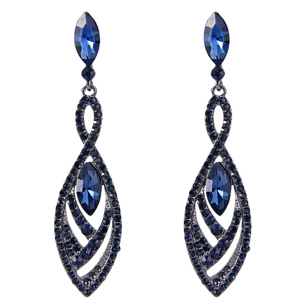 EVER FAITH Women's Crystal Double Marquise Shape Dangle Earrings Blue Sapphire-Color Black-Tone