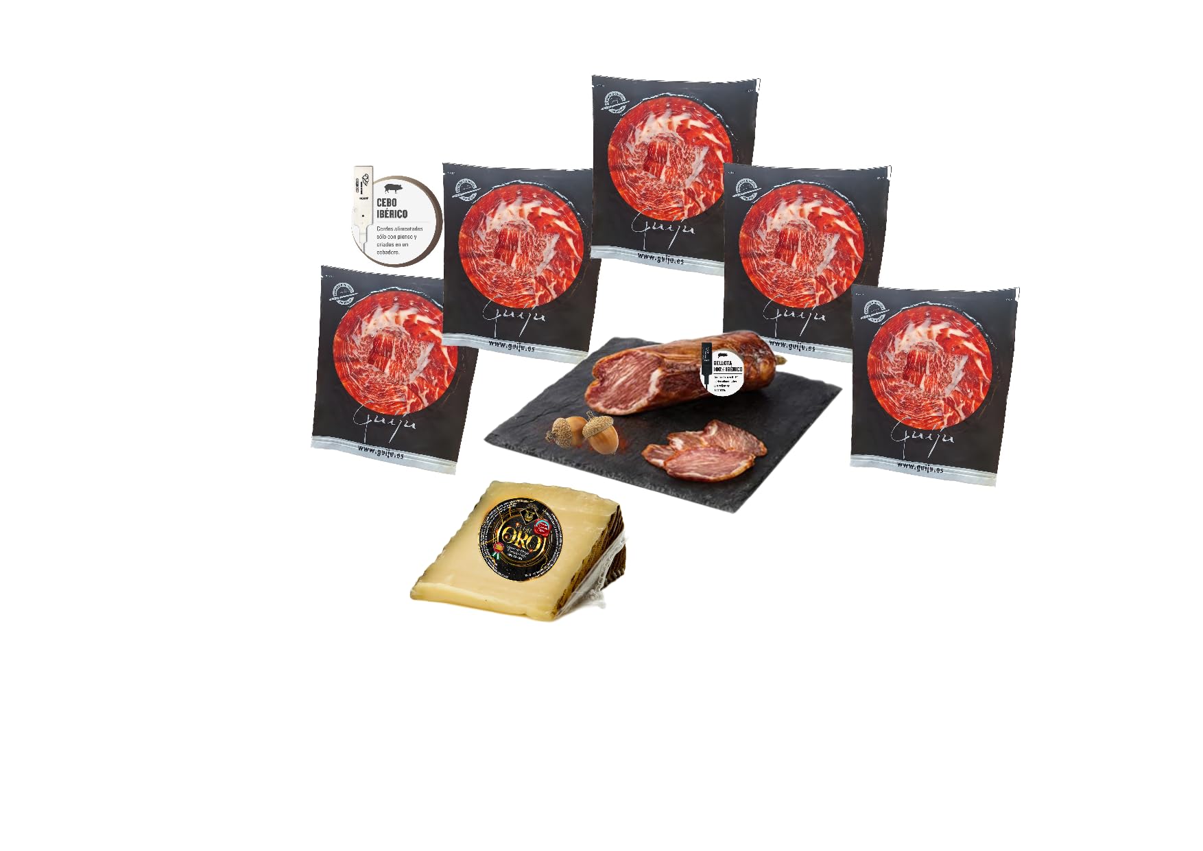 Confezione da 5 bustine di prosciutto iberico con esca tagliata a coltello, dorso iberico in ghianda 100% puro e regalo cuneo di formaggio artigianale
