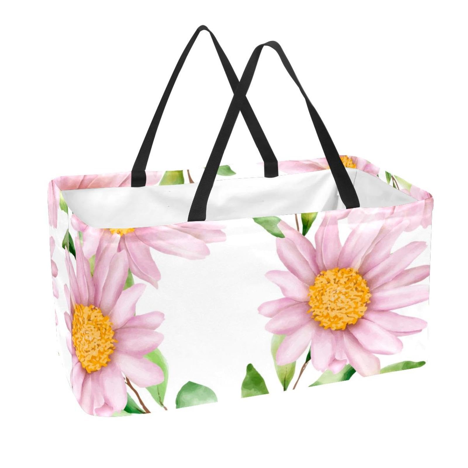 Sac d'épicerie pliable et lavable à motif marguerites roses
