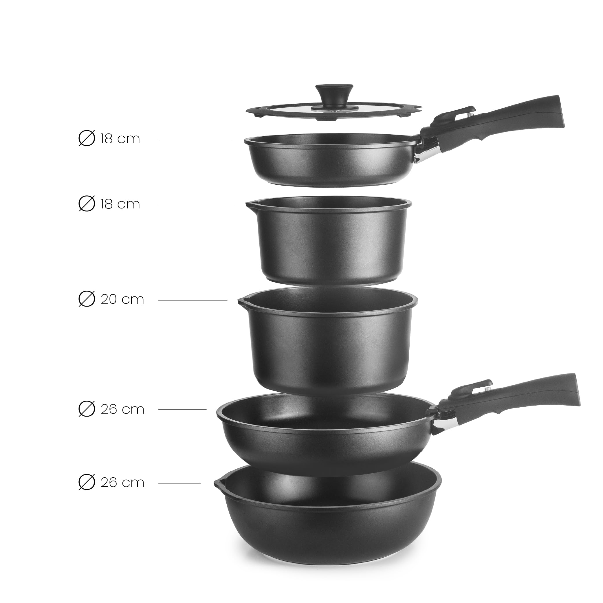 IBILI - Set batteria 9 pezzi Kompakto, padella 20-26 cm, padella profonda 26 cm, pentola 18-20 cm, coperchio 20-26 cm, 2 manici rimovibili, senza PFAS, alluminio pressofuso, impilabile, facile da
