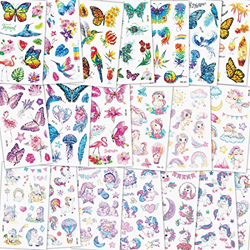 ACWOO Tatouage Temporaire Enfant, 20 Feuilles Briller Licorne et Papillon Etanche Tatouage Ephémère, Papillon Tatouage Enfant, Cadea Décoration Fête...