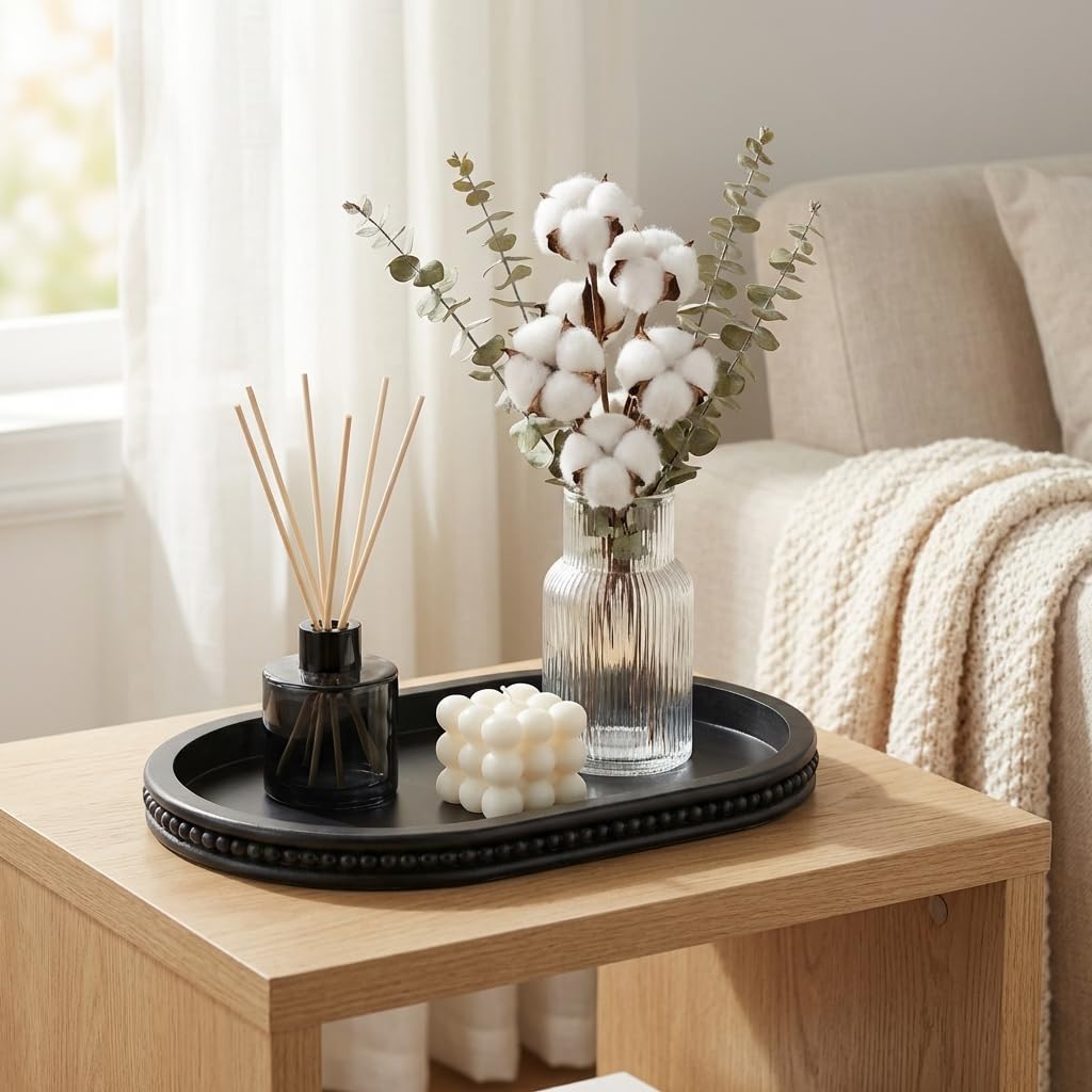 Hanobe - Bandeja decorativa de madera, ovalada, negra, con cuentas, para café y decoración de centro de mesa, diseño moderno, para expositor de encimera