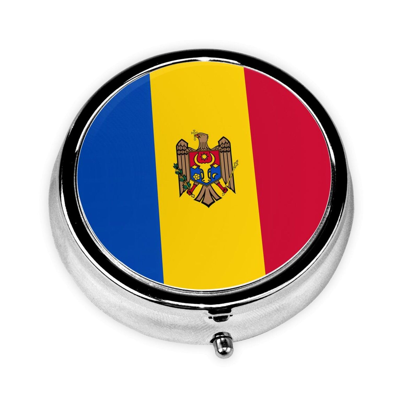 Cute 3-Compartments Round Pill Box Flag of Moldova Small Pill Case Portable Medicine Dispenser,for Pocket Purse