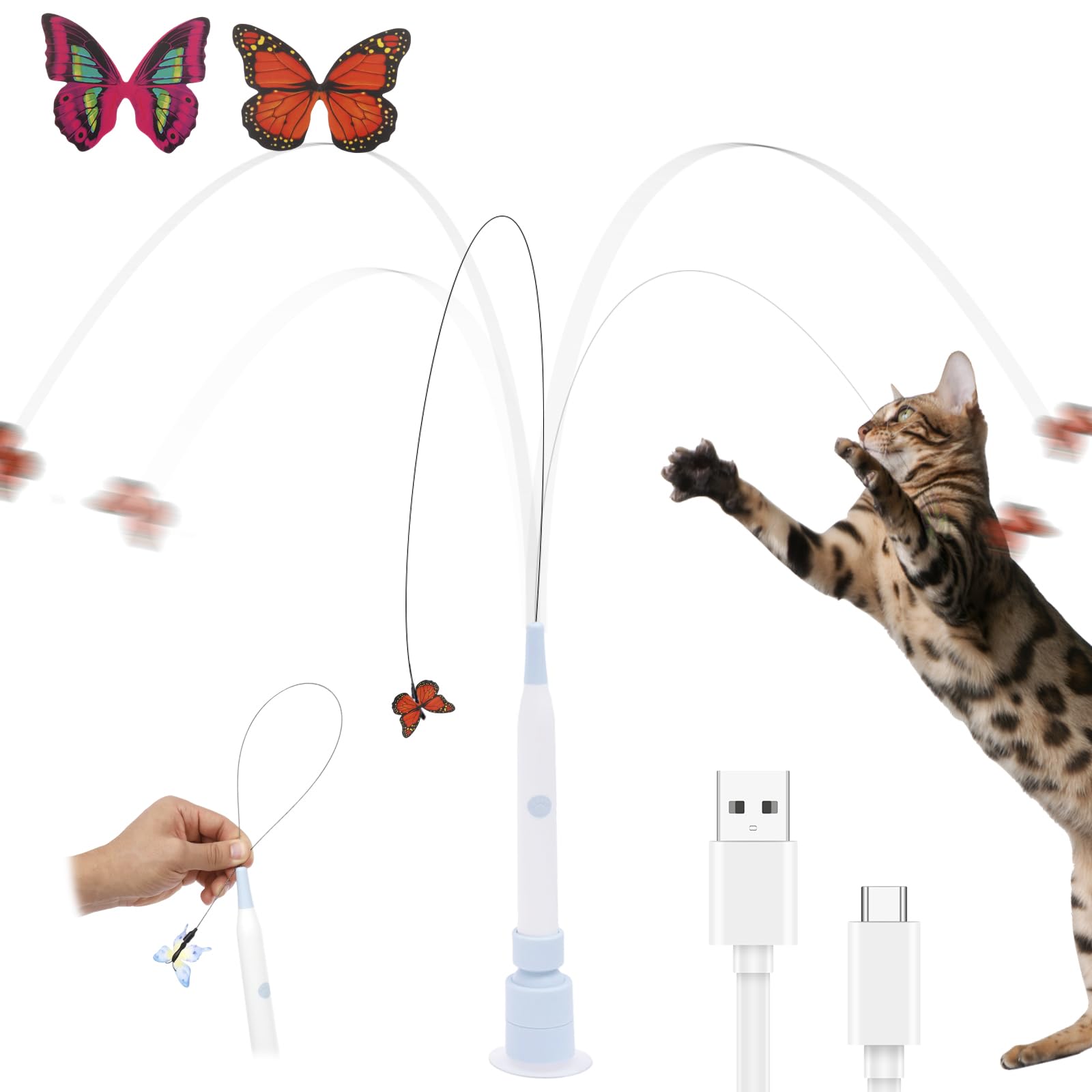 Interactive Cat Toys for Indoor Cats, Interactive Automatic Cat Wand Toys with 3 Butterflies 2 Modes Electric Fluttering Butterfly Cats Toy Smart Motion Activated Self-Play Enrichment Toy(Blue)