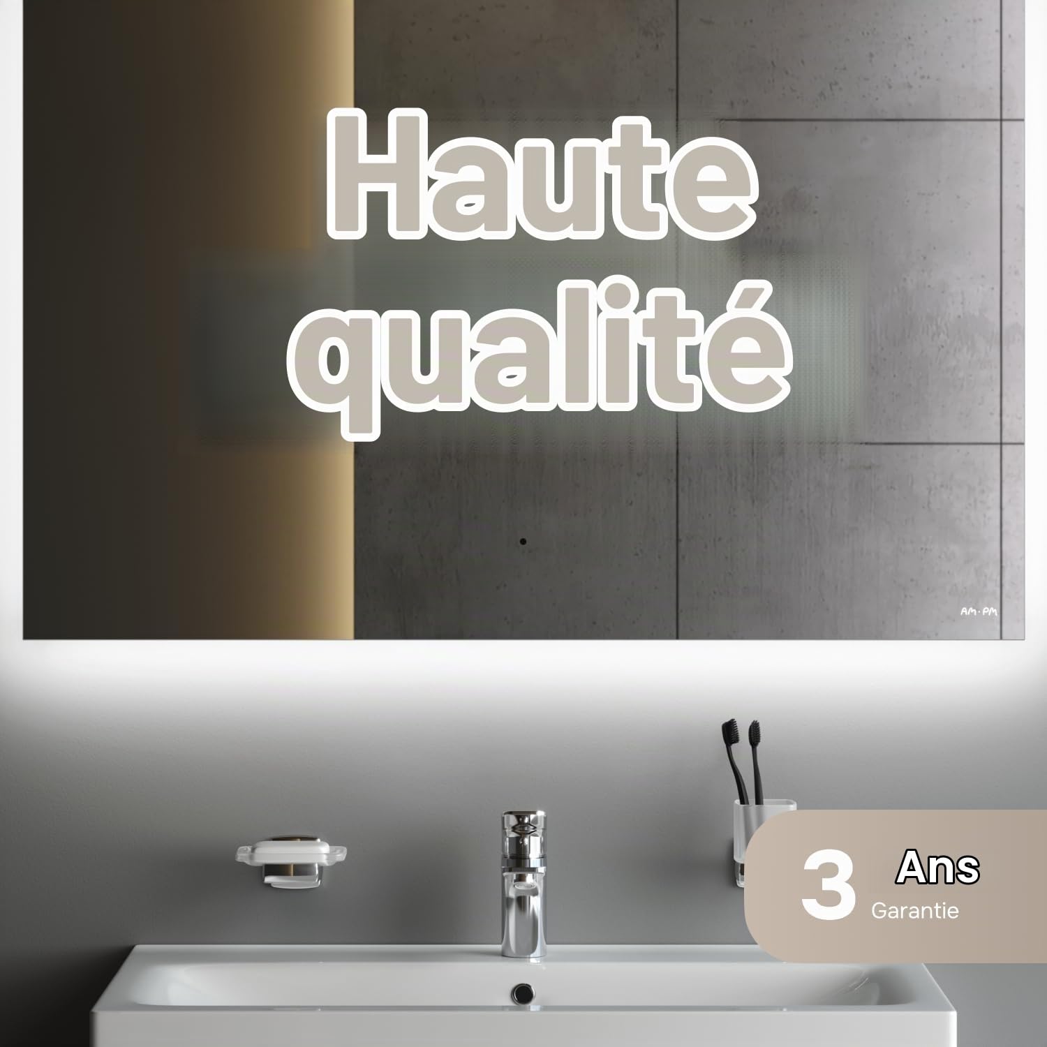 AM.PM Hit – Miroir Salle de Bain LED 100 x 70 cm | Miroir Mural Rectangulaire sans Cadre avec Éclairage | Lumineux Dimmable 3 Couleurs | Capteur sans Contact & Anti-Buée | Lumière Intégrée | Argenté