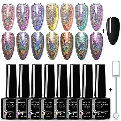 Supwee 2-IN-1 Holographic 9D Cat Eye Gel Nail Polish Holo Cat Eye Gel Polish Laser Nail Polish Gel Galaxy Chameleon Magnetic Gel Soak Off UV Gel with Magnet Stick and Black Gel Nail Art Design Kit