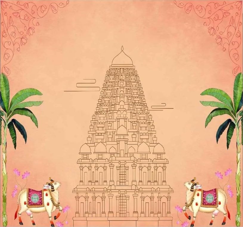 Image of Pooja Backdrop Temple Design | The Peach Temple Gopuram with Twin Banana Trees, Sacred Cows, and Pink Lotus Accents Decoration Cloth 8x8 feet | varalakshmi Pooja Background Decoration Cloth