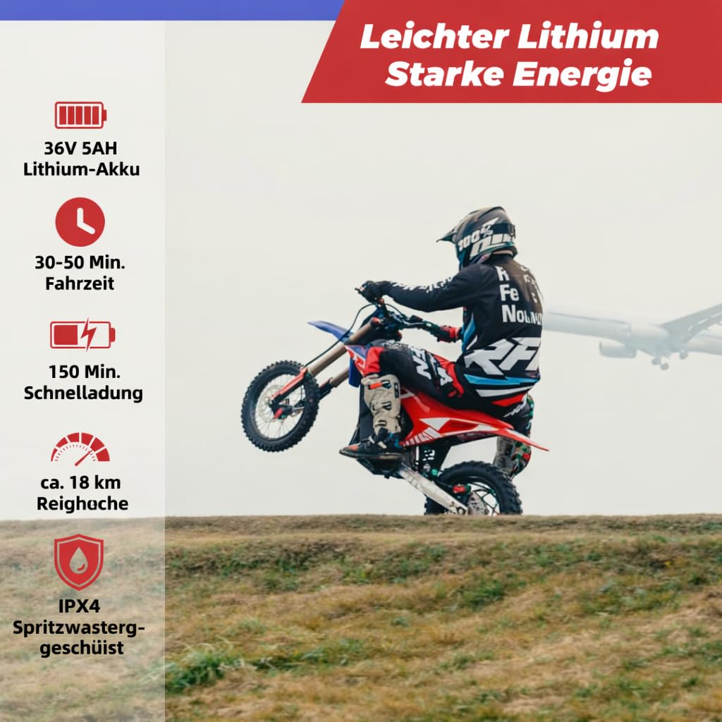 RFN E350 36V Kinder Elektro Dirt Bike, Elektro Motorrad mit 350W Motor | 11,2 Meilen Reichweite & 3 Geschwindigkeiten für Alter 4-8 Jahre