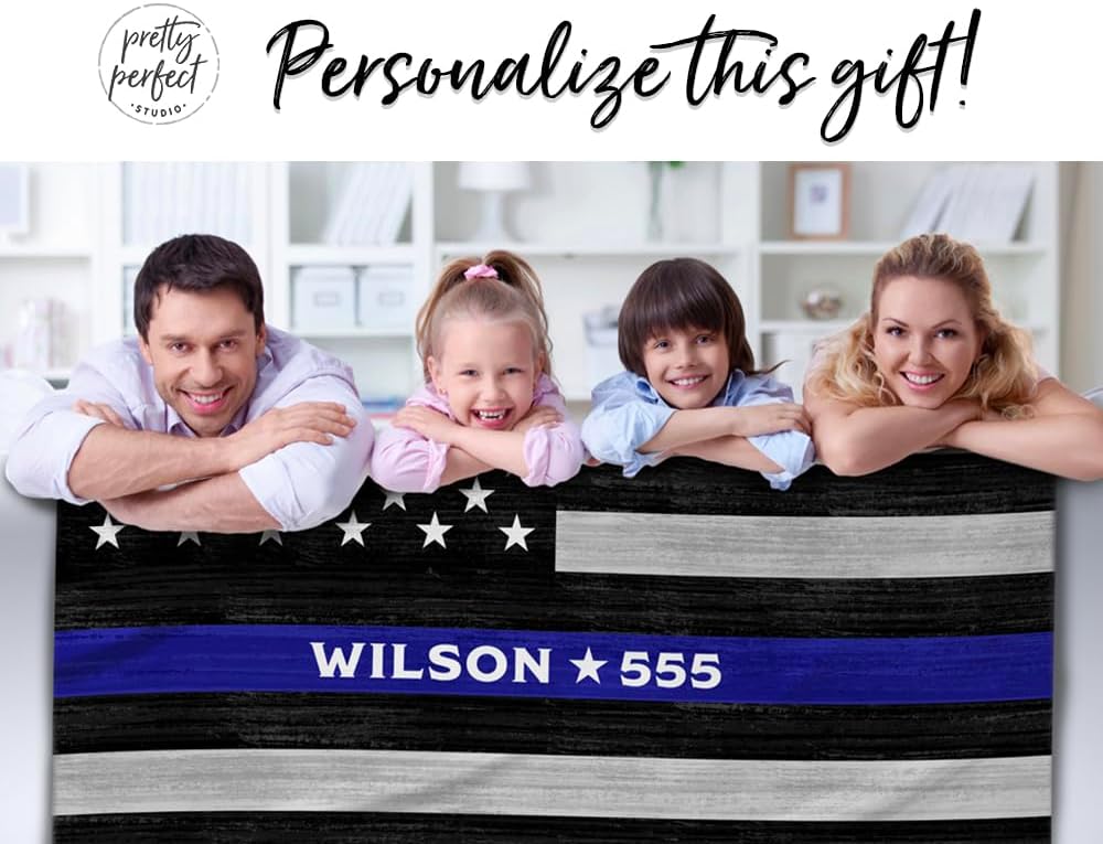 Pretty Perfect Studio Custom Thin Blue Line Fleece Blanket Personalized Law Enforcement Police Officer Gift 60"x80"