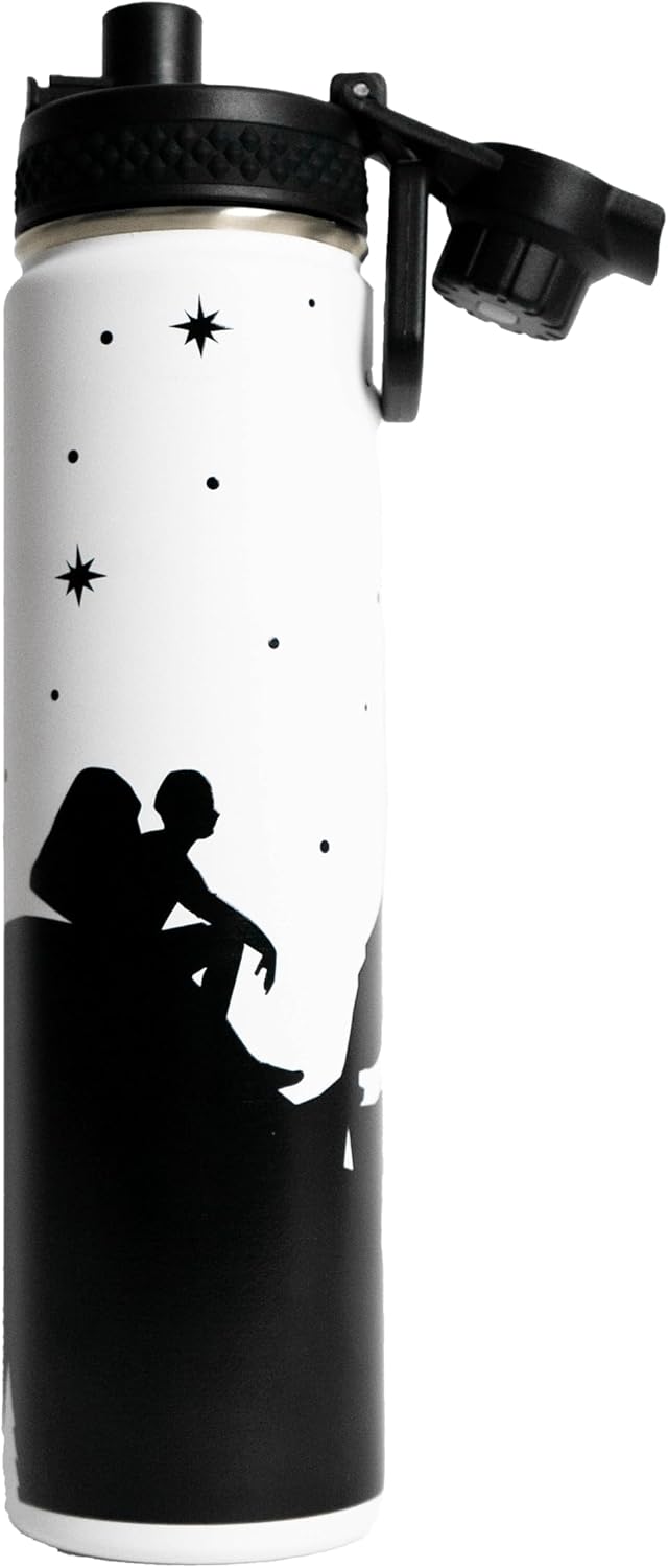 24 Oz Water Bottle with Spout Style Lid, Leak Proof, Hot & Cold, Adventure Themed Design (White)