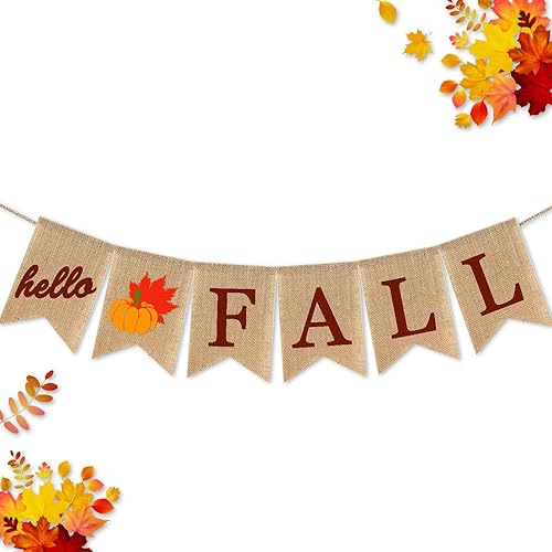 Cartel de arpillera con texto en inglés «Hello Fall» para decoración de mantel