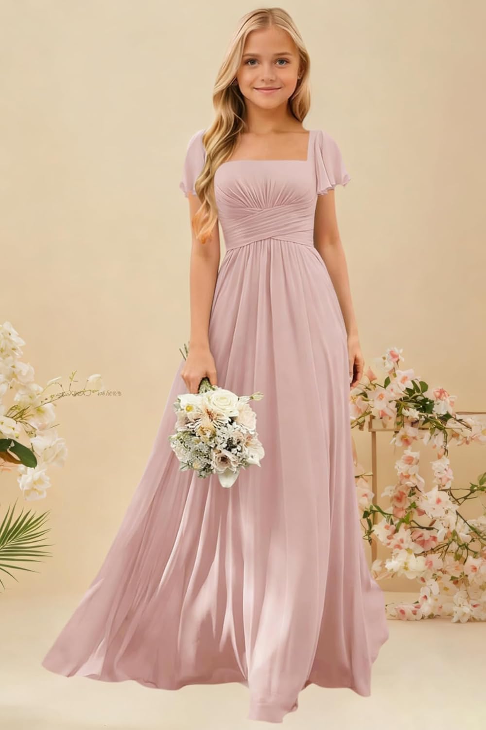Wchecalino Junior Bridesmaid Dresses with Sleeves Chiffon Square Neck Pleated Flower Girl Dress A Line Wedding Party Gown