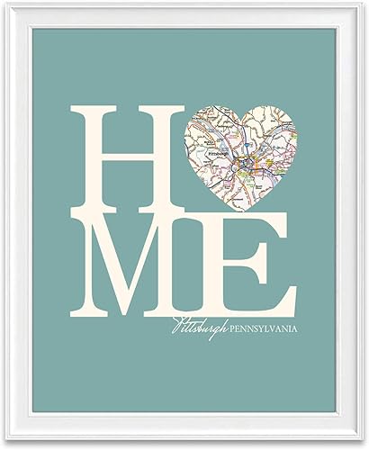 Pittsburgh Pennsylvania Home Vintage Heart Map Art Print, Unframed, Customized Colors, Wedding Engagement Anniversary Housewarming Guestbook Gift,