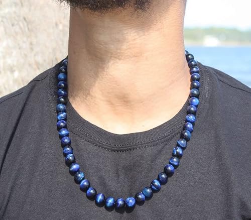 A.r Gems Blue Tiger Eye Necklace Men For Women Beaded Choker Blue Tiger Eye Necklace. Beaded Round Ball Loose Gemstone Strand Nacklace, Aaa Jewelry Making (10 Mm 22 Inch) #TOP1