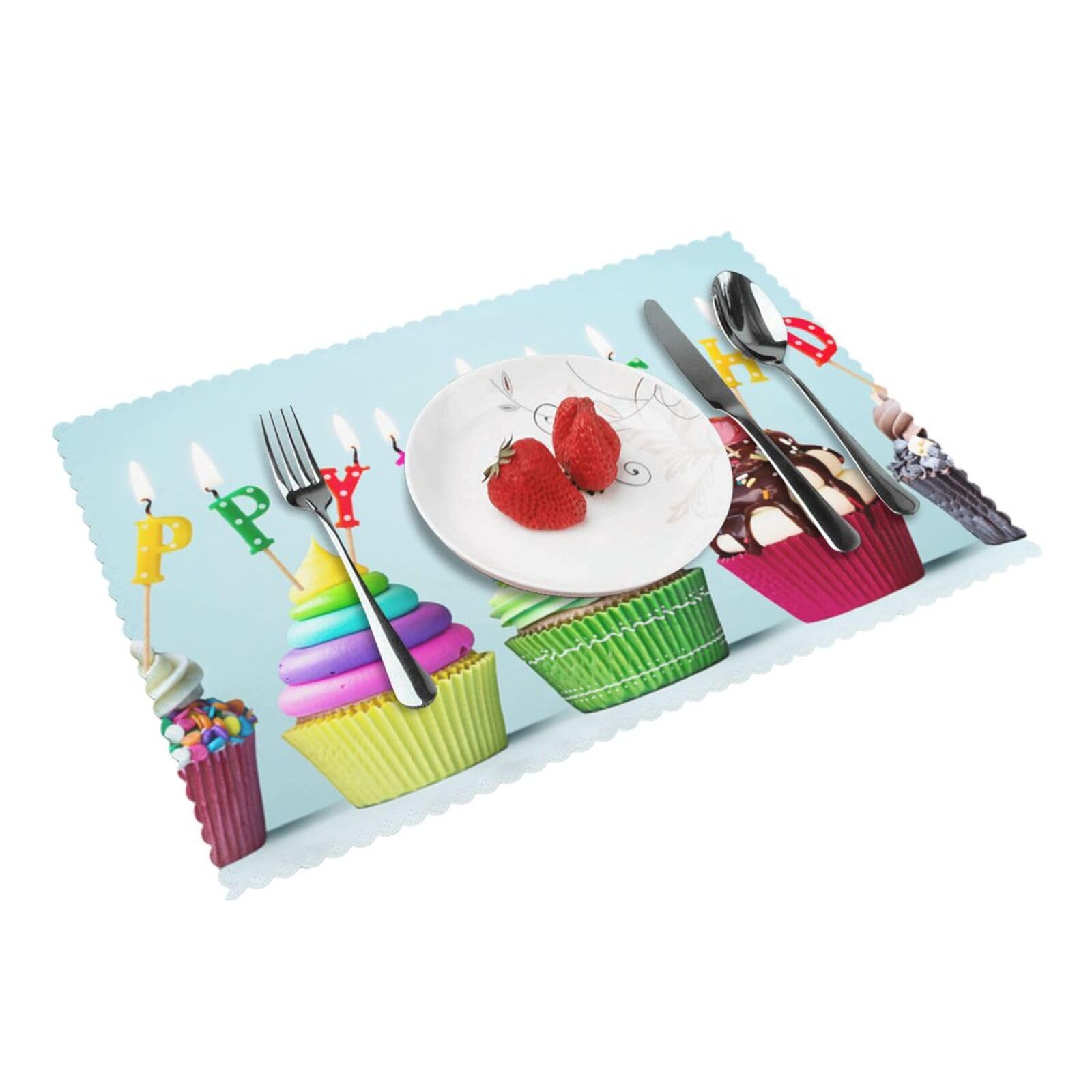 Bnvsadc Colorful Happy Birthday Cupcakes 4 Pcs Heat Resistant Placemat 45X30 Cm, Printed Non-Slip Place Mats For Kitchen Dining Table Indoor Outdoor