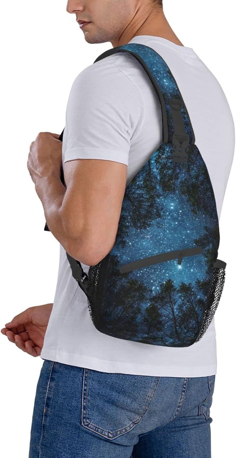 Forest Galaxy Sling Bag Crossbody Backpack for Men Women Night Sky Milky Way Tree Forest with Starry Chest Bag Adjustable Casual Shoulder Backpack Dark Blue Gym Travel Hiking Daypack - Image 7