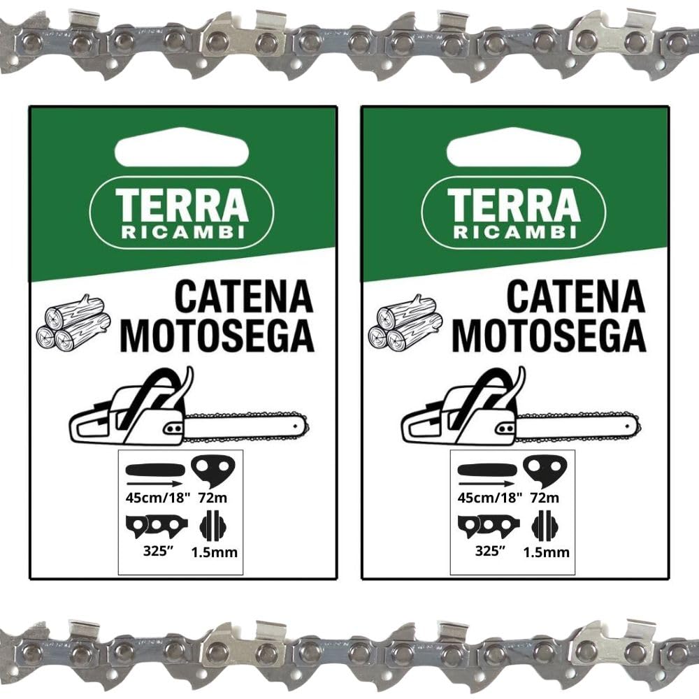 Set 2 Catene Motosega 72 Maglie - passo 325” spessore 1.5mm – per Barra 45cm/18" – Basso Contraccolpo, Alta Durata – Qualità Tedesca Terra Ricambi – Per Uso Agricolo, Forestale e Fai da te.