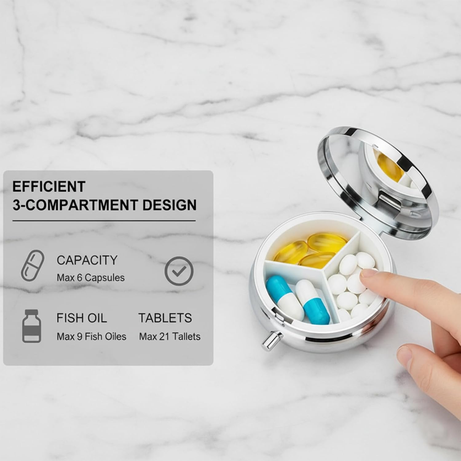 Round Pill Case Small Pill Box Pill Medicine Case Organizer Pill Containers with Mirror Pocket 3 Compartment Vitamin for Traveling Sunflower image 4