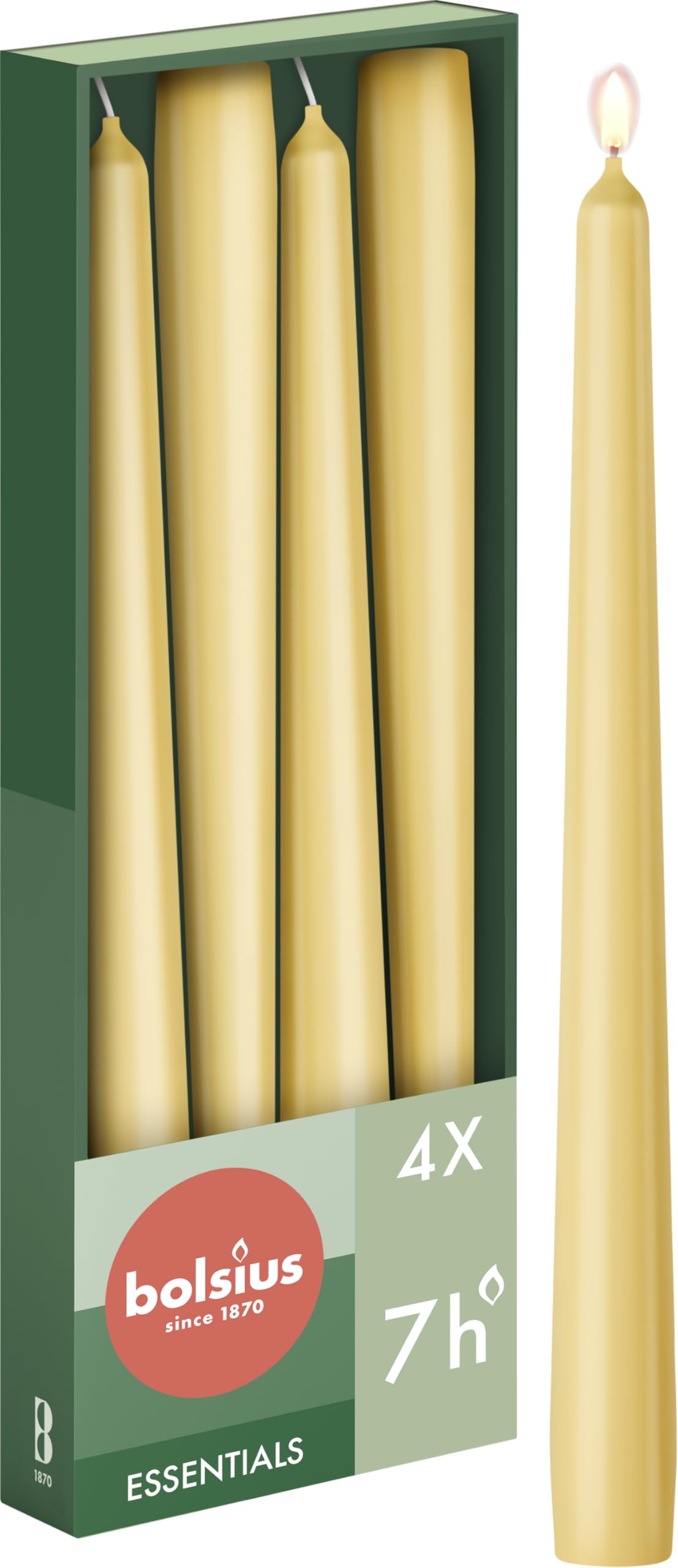 Bolsius - Velas lisas de punta – Beige – 4 unidades en caja de cartón – Velas decorativas para el hogar – Tiempo de combustión 7 horas – sin perfume – 50% natural – sin aceite de palma – 24,5 cm